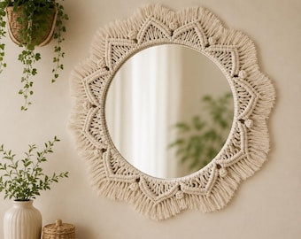 Boho makramé rund spegelväggdekoration | Handgjord hängande spegel | Estetisk sovrumsspegel | Väggdekoration för barnrum | Boho vardagsrumsdekoration