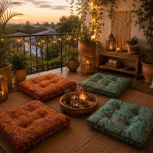 May include: Four square floor cushions arranged on a woven rug. Two cushions feature a vibrant orange and red intricate floral pattern, while the other two display a teal and blue floral design. Each cushion has a tufted center and pom-pom trim.