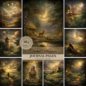 May include: A collection of 163 digital journal pages titled Celestial Collagecore, featuring US Letter size artwork with scenes of deer, trains, landscapes, and figures under starry skies, moons, and golden light in a fantasy style.