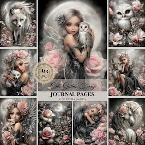 Può includere: Una collezione digitale di 113 pagine di diario con illustrazioni di fate, gufi, volpi, cervi e unicorni circondati da rose rosa. Il testo recita Cute Gothic Fairy JOURNAL PAGES, US LETTER e 300DPI.