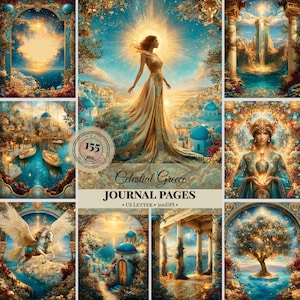 Páginas de diario de recortes de la Grecia celestial, papeles de álbum de recortes de mitología griega, efímeros de templos antiguos, paquete de papel imprimible, JPG para uso comercial