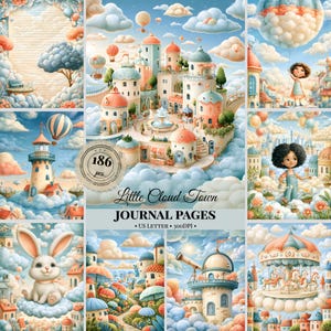 Puede incluir: Una colección de páginas de diario titulada Little Cloud Town que presenta ilustraciones caprichosas de castillos en tonos pastel, globos aerostáticos, un faro, un carrusel, un conejo y niños sobre un fondo de nubes esponjosas.