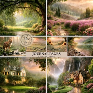 May include: A digital collection of 262 Rainy Countryside journal pages in US Letter size at 300DPI, featuring six distinct landscape illustrations including a fox by a stream, a lavender field, a house, and a village with waterfalls.