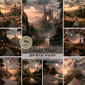 Pode incluir: Uma coleção digital de 189 páginas de diário Enchanted Kingdom com paisagens de castelos de fantasia ao pôr do sol e à noite. As imagens exibem caminhos de pedra, luas brilhantes, águas reflexivas e vistas de montanhas em tons quentes.