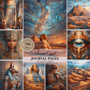 May include: A digital collection of 156 Ancient Egypt journal pages featuring illustrations of the Sphinx, pyramids, desert landscapes, an eye of Horus, an Anubis figure, and portraits of people in ornate attire with the text Ancient Egypt JOURNAL PAGES.