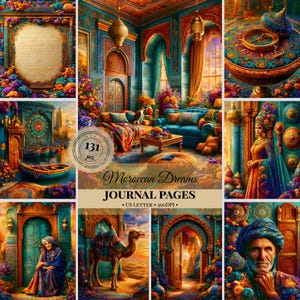 May include: A digital collection of 131 Moroccan Dreams journal pages featuring vibrant illustrations of ornate archways, a desert camel, a person in traditional attire, a blue sofa, a boat on water, and a compass, labeled US Letter 300DPI.