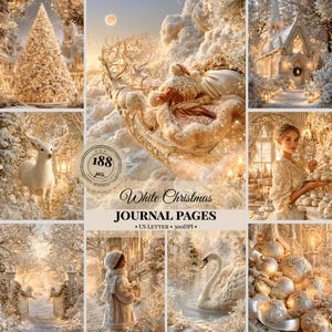 White Christmas Junk Journal-sidor, Scrapbook-papper för vinterunderlandet, snöiga by-ephemera, utskrivbart papperspaket, kommersiellt bruk JPG