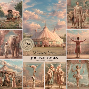 May include: A digital collection of 214 Romantic Circus journal pages in US Letter size at 300DPI. The imagery features a large pink circus tent, a horse-drawn wagon, a lion tamer, an elephant, a ringmaster, acrobats, clowns, and a ballerina.