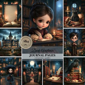 Könnte beinhalten: Eine Sammlung von 180 Dark Academia Journal-Seiten mit Illustrationen einer schreibenden Person, einer schwarzen Katze auf Büchern, einem gotischen Schloss, einer Person mit Brille, einer Person mit Regenschirm und einem Raben auf Büchern mit dem Text Dark Academia.
