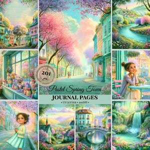May include: A collection of digital journal pages titled Pastel Spring Town, featuring 201 pieces in US Letter size at 300 DPI. The imagery displays colourful town streets, blooming cherry blossom trees, flowing waterfalls, and a person sitting at a table.