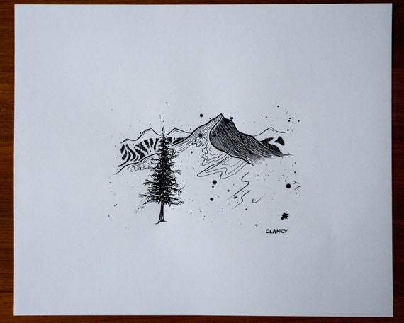 Original India Ink Mountainscape - Chapter Heading Art for Ski Bum - 14x17in