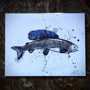 Puede incluir: Un dibujo en blanco y negro de un pez con detalles azules. El pez nada hacia la derecha y tiene una aleta que parece una corona. El fondo es blanco con salpicaduras negras y azules.