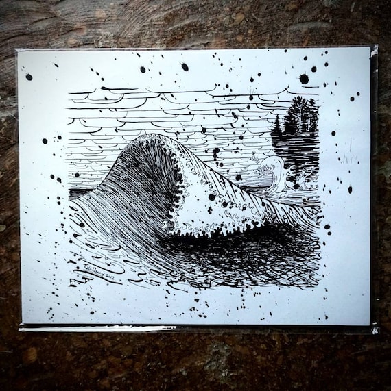 Original November Gale Wave on Lake Superior Pen & Ink Drawing - 11x14