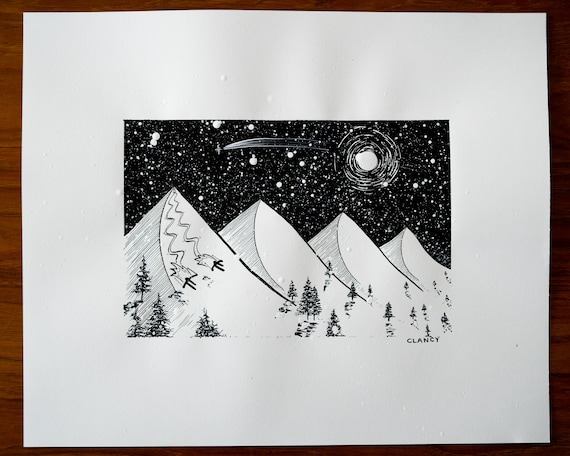 Original India Ink Ski Scene - 14x17in