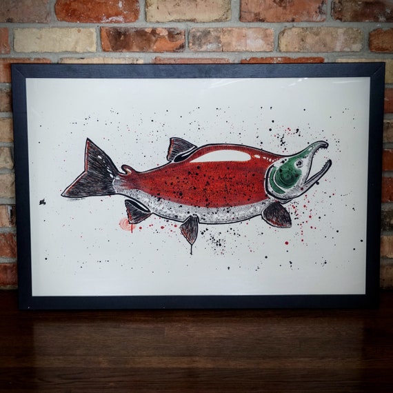 Original Big Spawning Sockeye India Ink Painting - 23x34