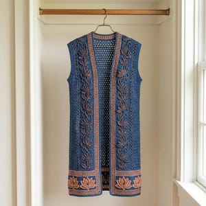 May include: A sleeveless, knee-length crochet vest in deep blue with intricate, raised floral embroidery in muted brown tones. The garment features a vertical vine pattern along the front panels and a horizontal lotus motif along the bottom hem.