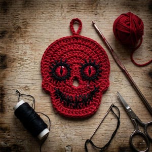 May include: A red crocheted skull ornament with a hanging loop, featuring two realistic red eyes with black pupils, black stitched eyelashes, and a wide black stitched grin. The skull is surrounded by a ball of red yarn, a metal crochet hook, scissors, and a spool of black thread.