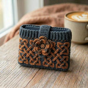 May include: A rectangular crochet card holder in dark charcoal gray with a copper-colored Celtic knot pattern. The accessory features a central crocheted flower embellishment with small beads at the center and a matching dark gray strap closure.