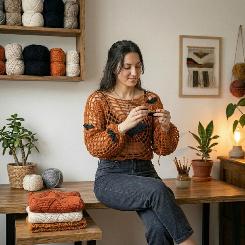 May include: A long-sleeved, open-knit crochet sweater in a burnt orange color, featuring small black bat-shaped motifs integrated into the pattern. The sweater has a wide neckline and a loose, airy construction, worn over a dark-colored base layer.