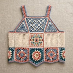 Häkelmuster für ein Top mit floralem Patchwork-Muster, Häkel-Tanktop im Alpenstich, Häkel-Sommertop für Damen, Häkel-Sommertop aus Baumwolle.