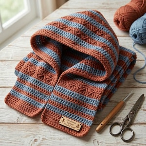 May include: A hooded scarf featuring horizontal stripes in rust orange and light blue, crafted with a textured crochet stitch pattern. A rectangular wooden tag is attached to the front, displaying the text Handmade Intricate Scarf.