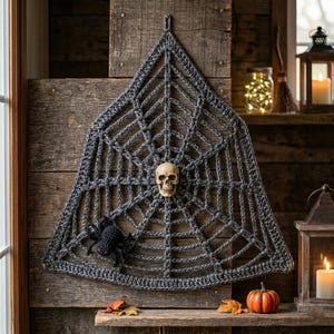 May include: A dark gray crocheted spider web wall hanging featuring a central off-white human skull and a small black crocheted spider with red eyes attached to the lower left side of the web structure, designed with a triangular shape.