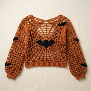 May include: A long-sleeve crochet sweater in a burnt orange color featuring an open web-like pattern throughout the body and sleeves. The garment is decorated with several small, black crocheted bat appliques attached to the front and sleeves.