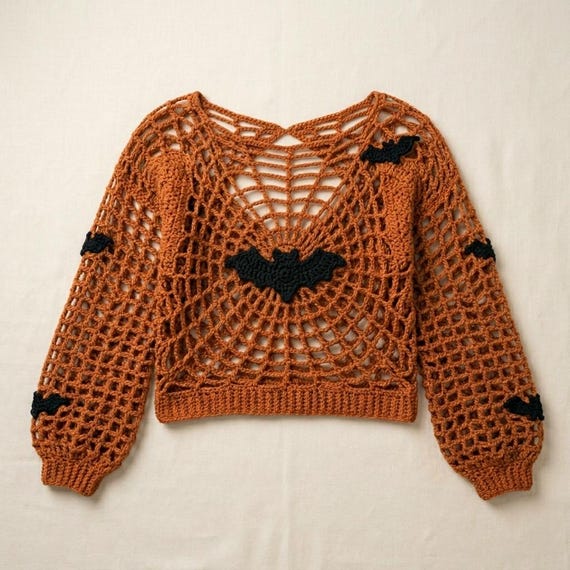 Halloween Spider Bat Sweater Crochet  PDF, Gothic Mesh Pullover, Oversized Halloween Sweater, Bat Applique Crochet Pattern, Spooky Fall Top.