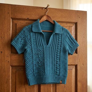May include: A teal blue short-sleeved polo shirt crafted with a crochet technique, featuring a collared neckline with a V-shaped opening, ribbed cuffs and hem, and a variety of vertical textured stitch patterns including cable and openwork designs.