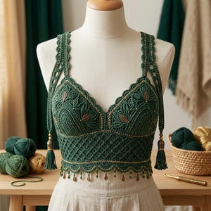 May include: A dark green crochet crop top featuring a V-neckline, intricate leaf-shaped metal embellishments, and a lattice-patterned midriff. The garment includes wide straps, decorative tassels at the shoulders, and a scalloped hem with beads.