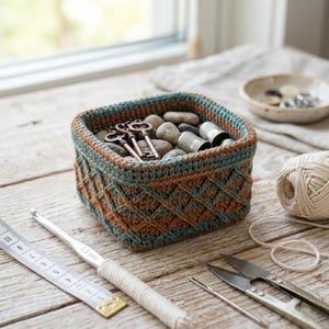 May include: A square crochet basket featuring a diamond pattern in rust orange and teal yarn. The basket contains several metal skeleton keys and silver thimbles. A 3.5 mm crochet hook, a pair of metal scissors, and a needle are placed nearby.