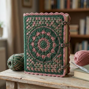 Può includere: Una copertina per libro rettangolare con un intricato lavoro all'uncinetto in filato verde scuro e rosa polvere. Il design presenta un motivo a mandala centrale circondato da un bordo quadrato con finitura smerlata. Tre asole intrecciate chiudono la copertina.