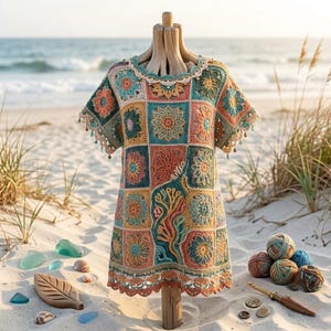 May include: A short-sleeved crochet tunic constructed from multicolored square panels featuring floral and organic motifs in shades of teal, coral, yellow, and cream, with a scalloped neckline and hemline adorned with small dangling beads.