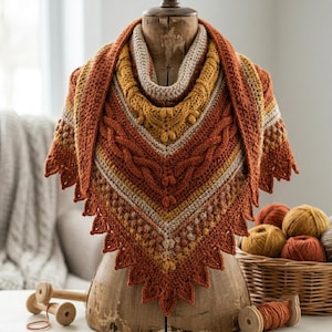 May include: A triangular crochet shawl featuring a layered design in shades of burnt orange, mustard yellow, and cream. The garment displays intricate cable knit patterns, textured bobble stitches, and a pointed, scalloped edge border.
