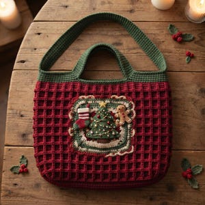 May include: A dark red crochet tote bag with a waffle-stitch texture and a green handle. The center features a square applique depicting a decorated Christmas tree, a small stocking, and a gingerbread person, all framed by a scalloped border.