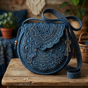 Könnte beinhalten: Eine runde, dunkelblaue Häkeltasche mit einem komplexen Mandalamuster, zwei Pfauenmotiven und kleinen metallischen Perlenakzenten. Die Tasche verfügt über einen langen, gemusterten Riemen und einen dekorativen Schlüsselanhänger aus Messing.