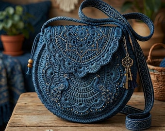 Può includere: Una borsa a tracolla rotonda all'uncinetto blu scuro con un intricato motivo a mandala, due pavoni e piccoli dettagli in perline metalliche. La borsa presenta una lunga tracolla decorata e un ciondolo a forma di chiave in ottone anticato.