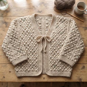 May include: A beige knit cardigan featuring a textured diamond pattern with raised bobble stitches throughout. The garment has three-quarter length sleeves, a V-neckline, and a front tie closure made of matching yarn. The knit fabric is uniform.