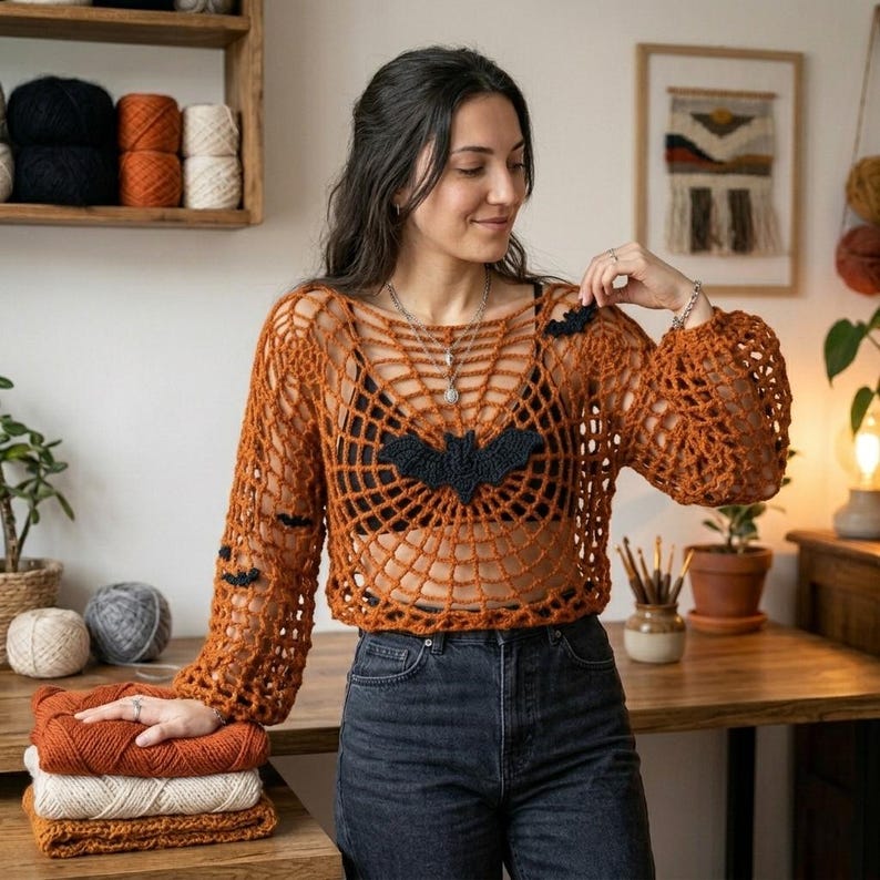 May include: A burnt orange crochet sweater featuring a spiderweb pattern and small black bat appliques on the front and sleeves. The garment has long sleeves and a wide neckline, worn over a black top with dark gray denim jeans.