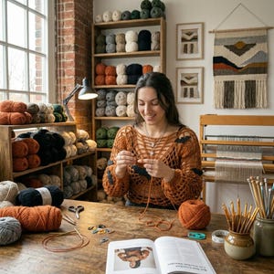 May include: A person crocheting with rust-colored yarn, wearing a rust-colored open-knit sweater. The wooden table holds yarn balls, knitting needles in a ceramic jar, a pair of scissors, stitch markers, and an open instructional book.
