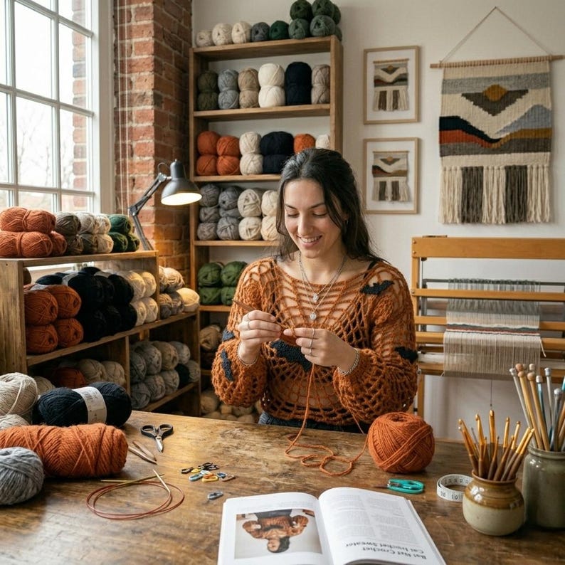 May include: A person crocheting with rust-colored yarn, wearing a rust-colored open-knit sweater. The wooden table holds yarn balls, knitting needles in a ceramic jar, a pair of scissors, stitch markers, and an open instructional book.