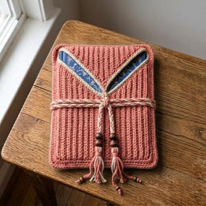 May include: A rectangular, ribbed, coral-colored crochet sleeve featuring a V-shaped opening that reveals a blue book cover with a white floral pattern. The sleeve is secured with a braided cream and coral cord finished with wooden beads and tassels.