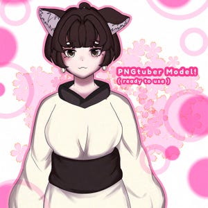 Puede incluir: Una ilustración digital de un personaje con cabello castaño oscuro, orejas de gato y una prenda blanca estilo kimono con cuello y faja negros. El texto PNGtuber Model! (ready to use) aparece en rosa sobre un fondo de flores de cerezo rosas.