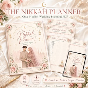Puede incluir: Un conjunto de planificador de bodas Nikkah en tonos rosa suave y crema con ilustraciones florales. La portada muestra una pareja, linternas y el texto The Nikkah Planner. Incluye un rastreador de presupuesto, lista de invitados y lista.