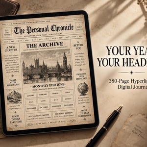 Może przedstawiać: Tablet cyfrowy wyświetlający 380-stronicowy, hiperłączeniowy dziennik cyfrowy zaprojektowany w stylu starej gazety zatytułowanej The Personal Chronicle. Interfejs zawiera centralną ilustrację Big Bena, przyciski nawigacji miesięcznej oraz sekcje.