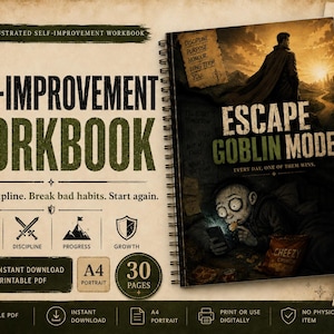May include: A spiral-bound self-improvement workbook titled Escape Goblin Mode with a cover illustration of a person looking at a phone in the dark. The page includes text, icons for focus, discipline, progress, and growth, and A4 portrait labels.