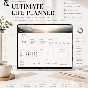 Puede incluir: Una plantilla digital de Notion titulada Ultimate Life Planner en la pantalla de una computadora portátil. La interfaz muestra un panel de control de vida con secciones para enfoque diario, seguimiento de hábitos, salud y metas.