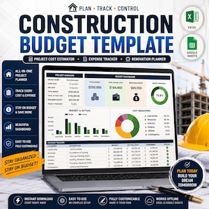 May include: A digital construction budget template displayed on a laptop screen, featuring a project overview, budget dashboard, cost breakdown pie chart, and expense tracker. The interface includes text labels like PLAN TRACK CONTROL and PROJECT COST ESTIMATOR.