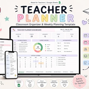 May include: A digital teacher planner template for Google Sheets displayed on a laptop, tablet, and smartphone. The interface features a dashboard with lesson plans, student overviews, calendars, and to-do lists. Includes icons for weekly planning.