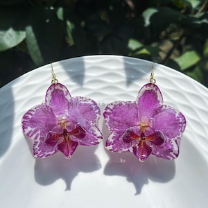 Handmade Real Orchid Flower Earrings, Dried Pressed Floral Resin Earring, Birthday Gift For Her